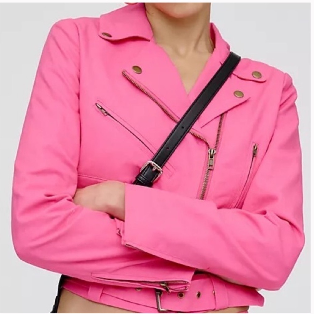Anthropologie DOLAN CROPPED LINEN SLIM MOTO JACKET pink XL